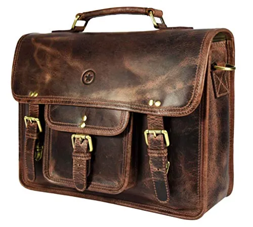 15 inch Vintage Leather Messenger Satchel Bag | Briefcase Laptop Messenger Bag by Aaron Leather