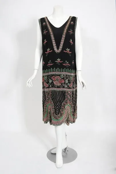 1920's Jean Patou Haute Couture Attributed Beaded Floral Silk Deco Dress