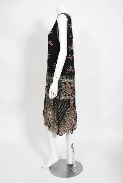 1920's Jean Patou Haute Couture Attributed Beaded Floral Silk Deco Dress