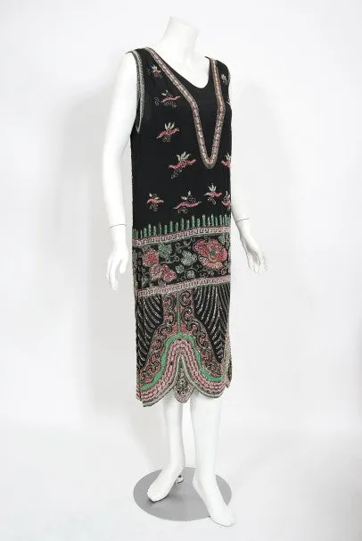 1920's Jean Patou Haute Couture Attributed Beaded Floral Silk Deco Dress