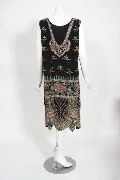 1920's Jean Patou Haute Couture Attributed Beaded Floral Silk Deco Dress