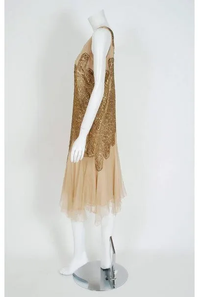 1925 Elspeth Champcommunal Haute-Couture Metallic Gold Lame Silk Flapper Dress