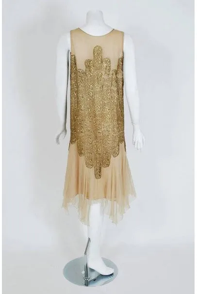 1925 Elspeth Champcommunal Haute-Couture Metallic Gold Lame Silk Flapper Dress