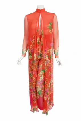 1969 Hanae Mori Couture Floral Silk-Chiffon Full Length Jacket & Pants