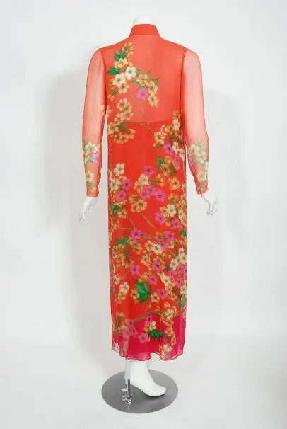 1969 Hanae Mori Couture Floral Silk-Chiffon Full Length Jacket & Pants