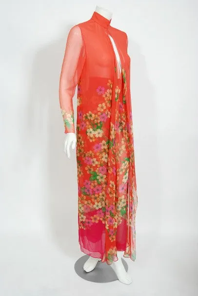 1969 Hanae Mori Couture Floral Silk-Chiffon Full Length Jacket & Pants