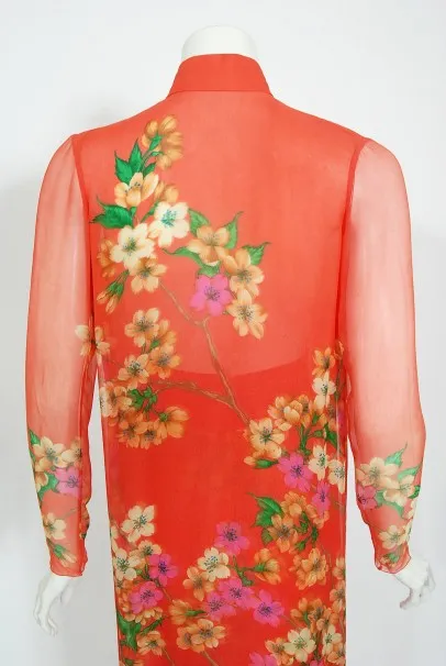 1969 Hanae Mori Couture Floral Silk-Chiffon Full Length Jacket & Pants