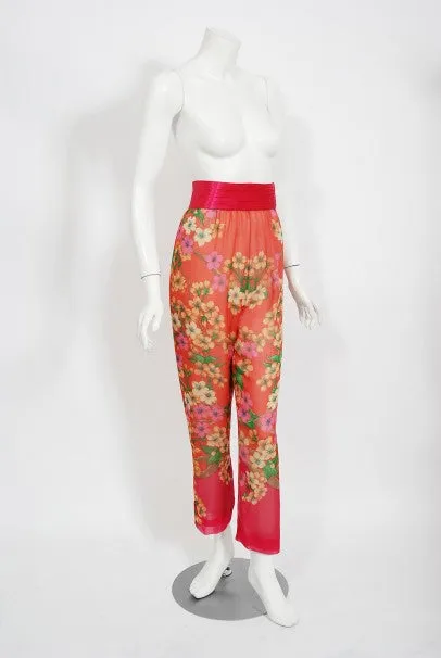 1969 Hanae Mori Couture Floral Silk-Chiffon Full Length Jacket & Pants