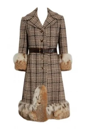 1970 Christian Dior Documented Wool Tweed & Lynx Fur Belted Princess Coat