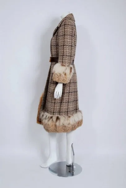 1970 Christian Dior Documented Wool Tweed & Lynx Fur Belted Princess Coat