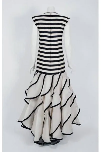 1987 Pierre Balmain Haute-Couture Black Ivory Striped Satin & Organza Gown