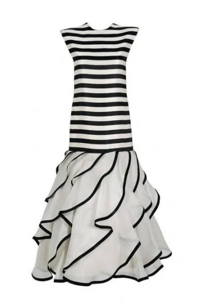 1987 Pierre Balmain Haute-Couture Black Ivory Striped Satin & Organza Gown