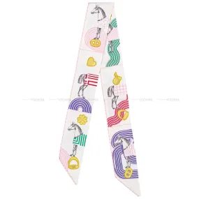 2022SS HERMES scarf Twilly Garde Robe Pop White/Multi Color Silk100%[EXCELLENT][Authentic]