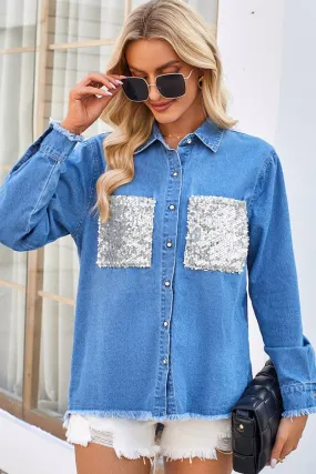 2024 LOOSE RAW EDGE SEQUIN POCKET DENIM SHIRT TOP_CWTSTL1065