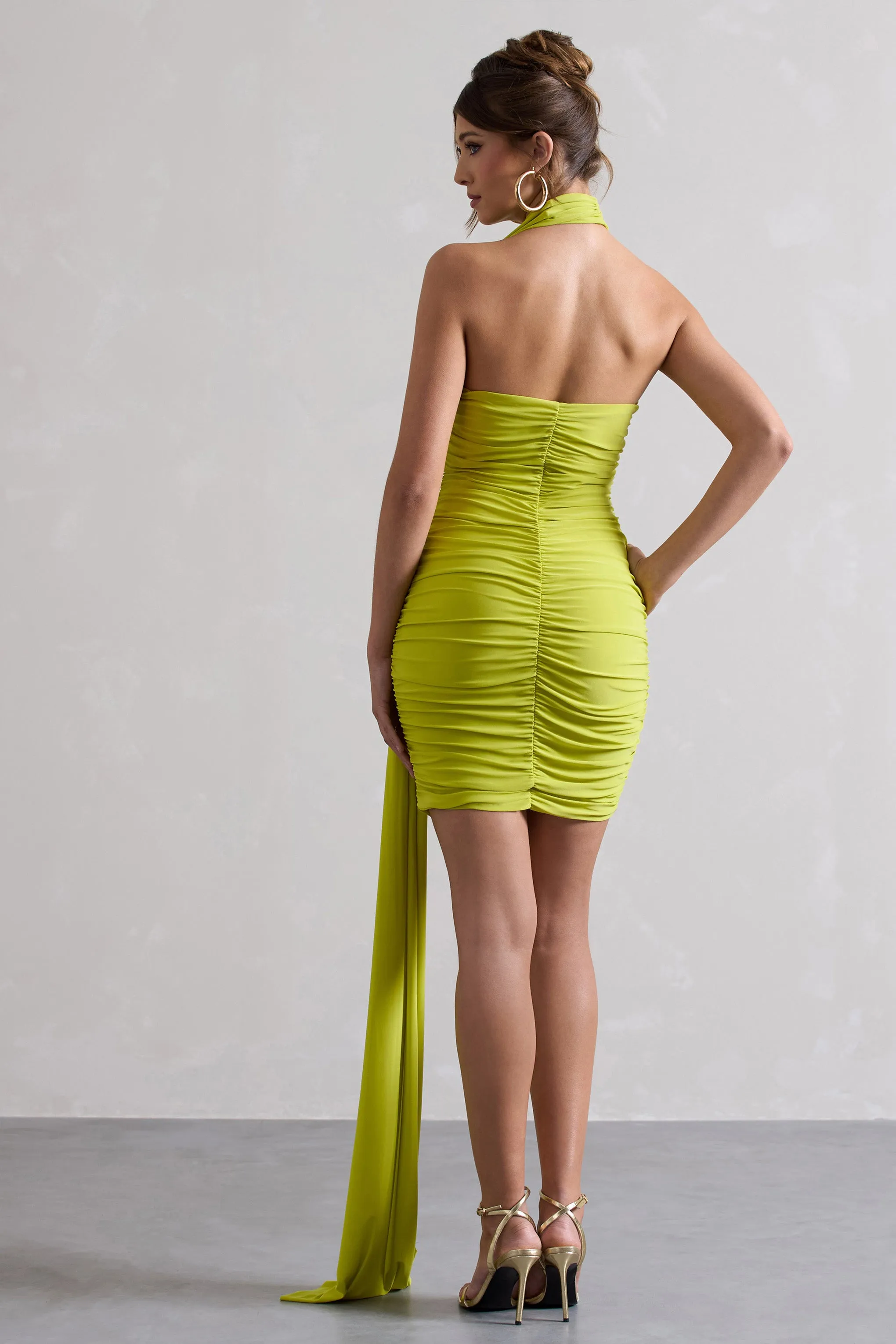 Abel | Mini-robe vert citron froncée asymétrique avec écharpe