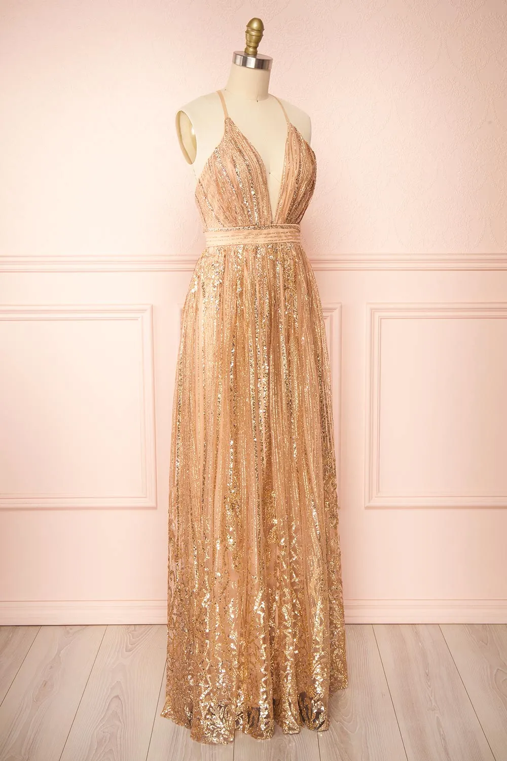 Andra Rose Gold | Plunging Neckline Sparkling Maxi Dress