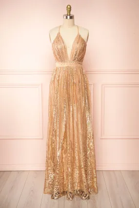 Andra Rose Gold | Plunging Neckline Sparkling Maxi Dress