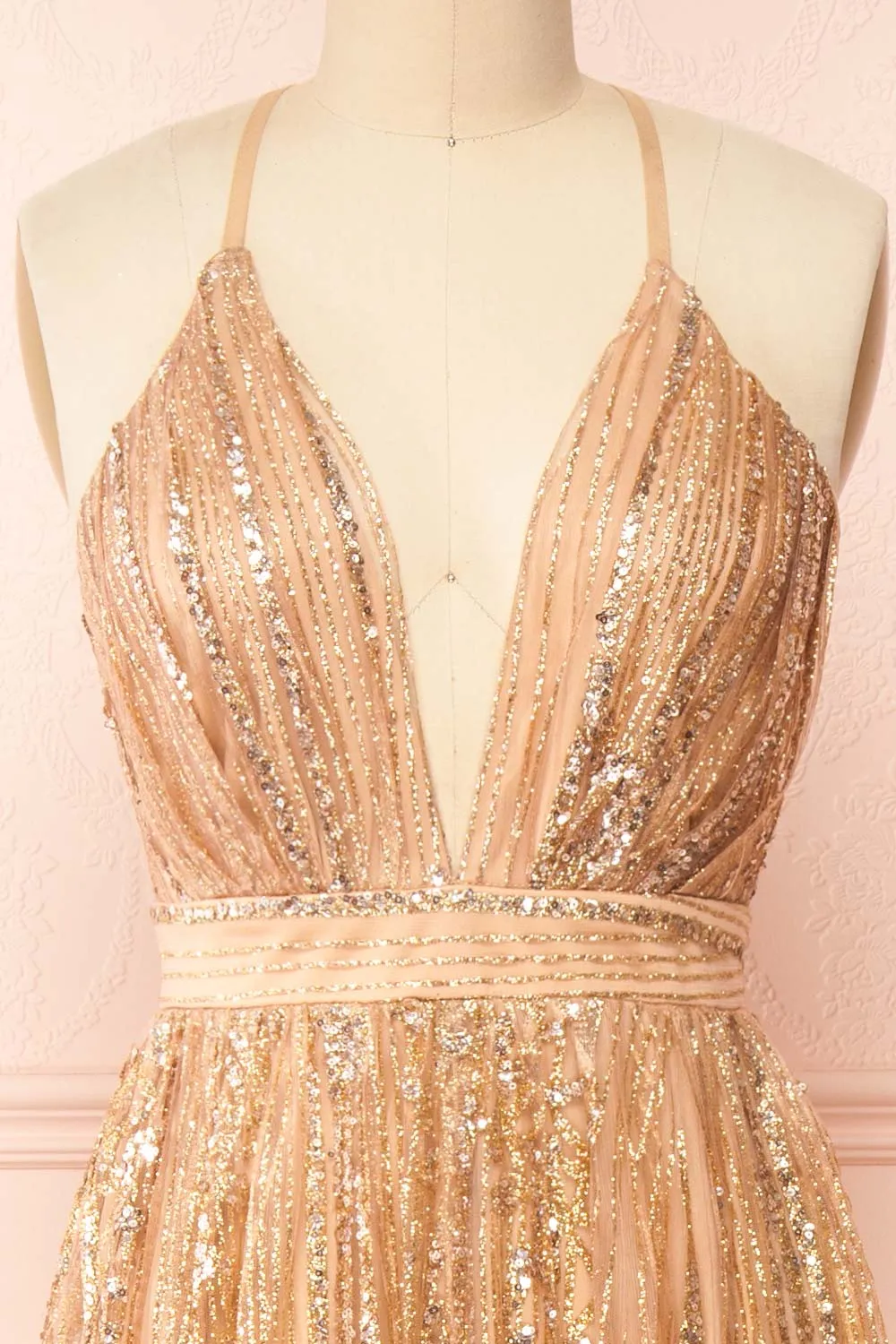 Andra Rose Gold | Plunging Neckline Sparkling Maxi Dress