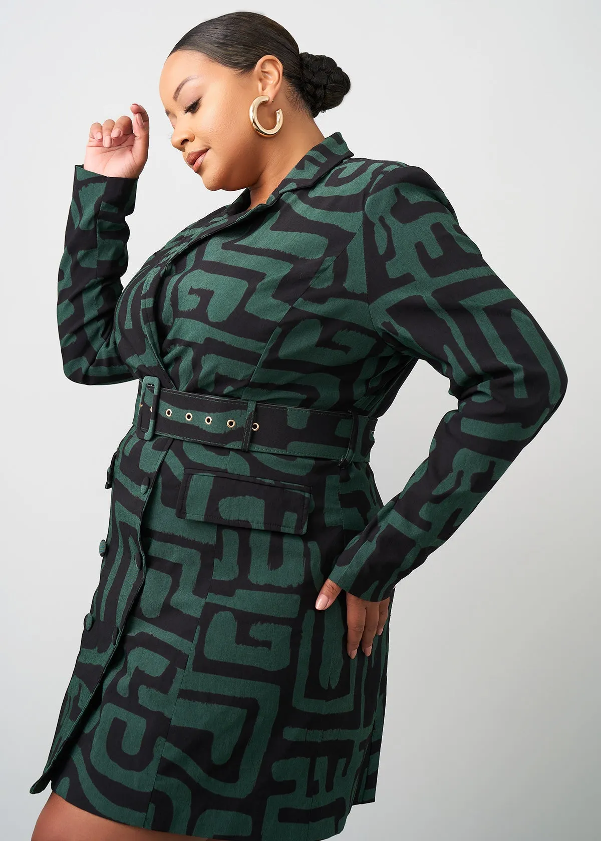 Aniq Women's African Print Stretch Blazer Dress (Black Malachite Geometric)