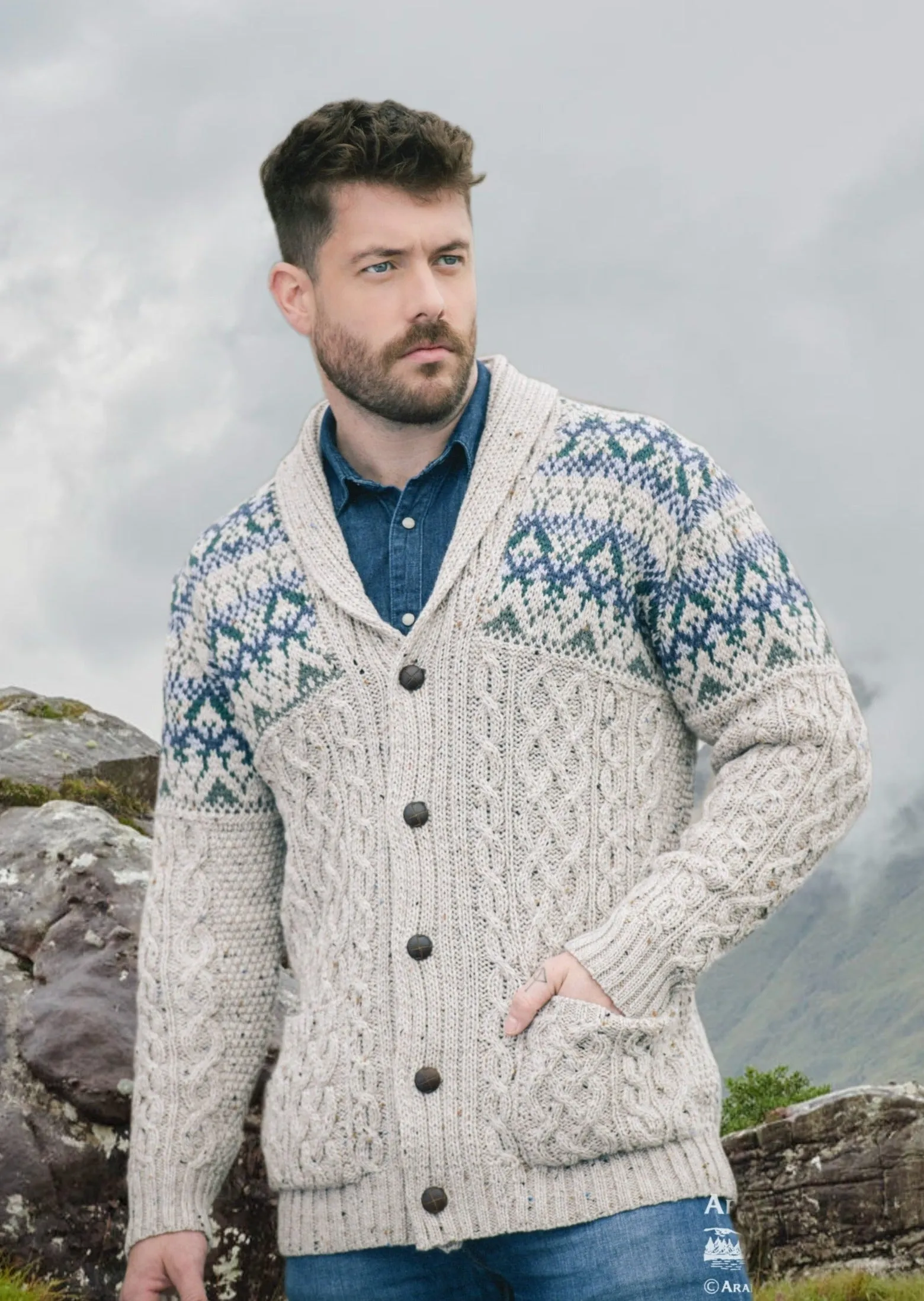 Aran Fairisle Button Cardigan | Oatmeal