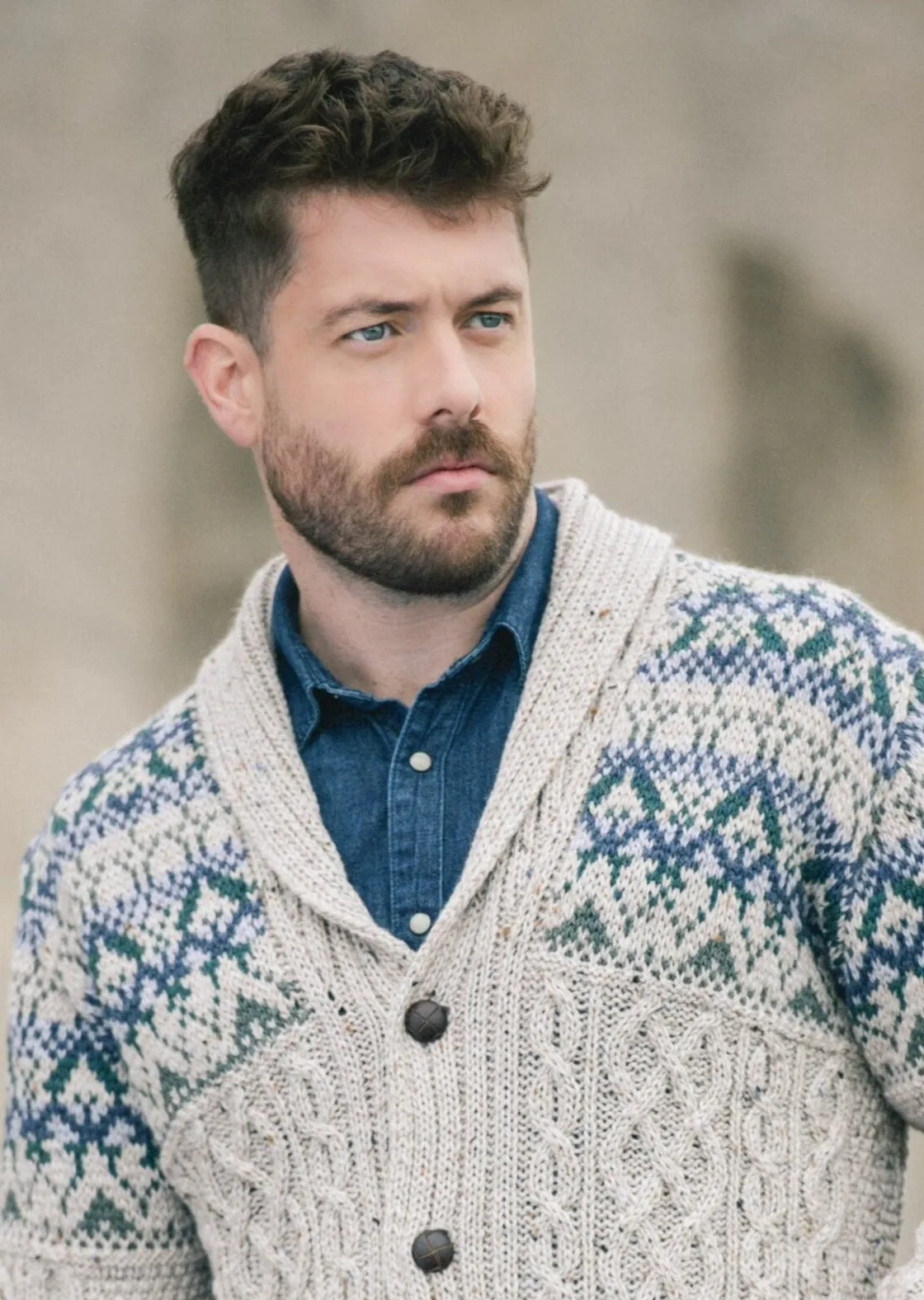 Aran Fairisle Button Cardigan | Oatmeal