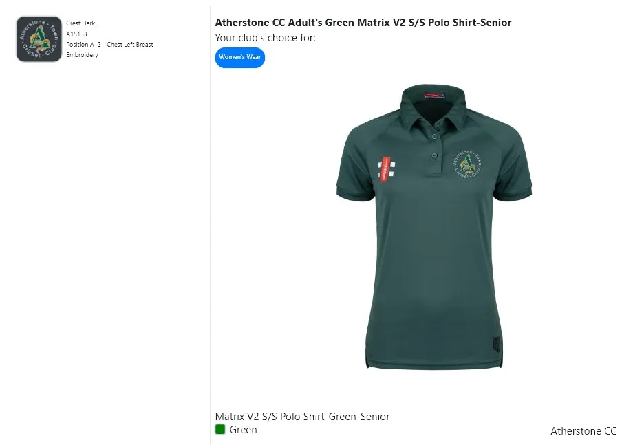 Atherstone CC Adult's Green Matrix V2 S/S Polo Shirt-Senior