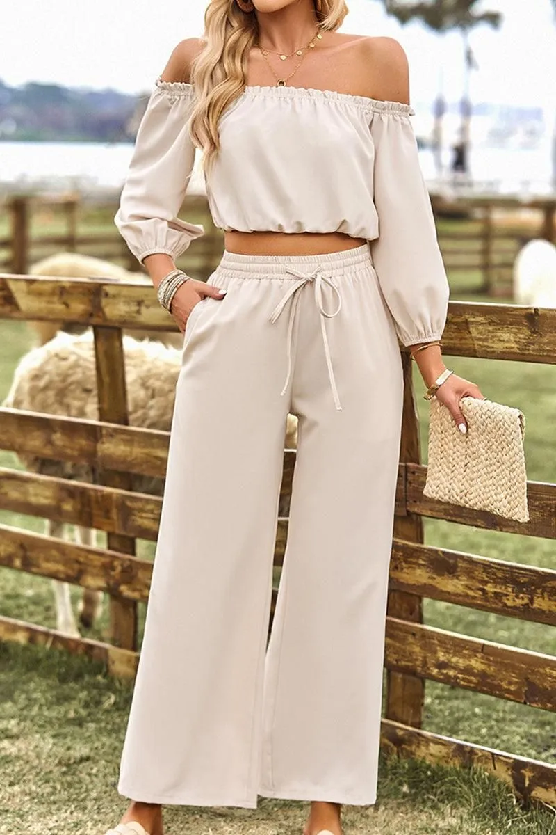 BALLON OFF SHOULDER CROP TOP AND WIDE PANTS SET