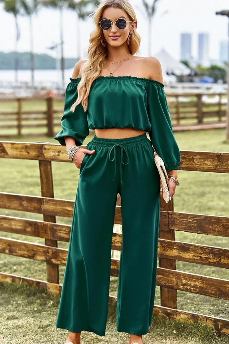 BALLON OFF SHOULDER CROP TOP AND WIDE PANTS SET