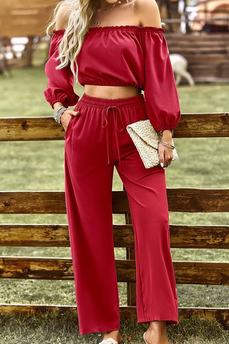 BALLON OFF SHOULDER CROP TOP AND WIDE PANTS SET