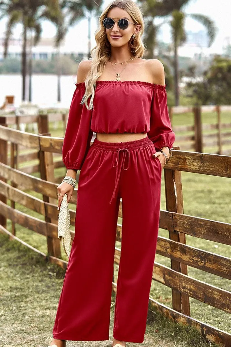 BALLON OFF SHOULDER CROP TOP AND WIDE PANTS SET