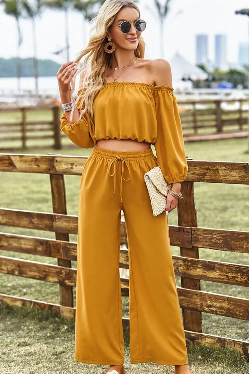 BALLON OFF SHOULDER CROP TOP AND WIDE PANTS SET