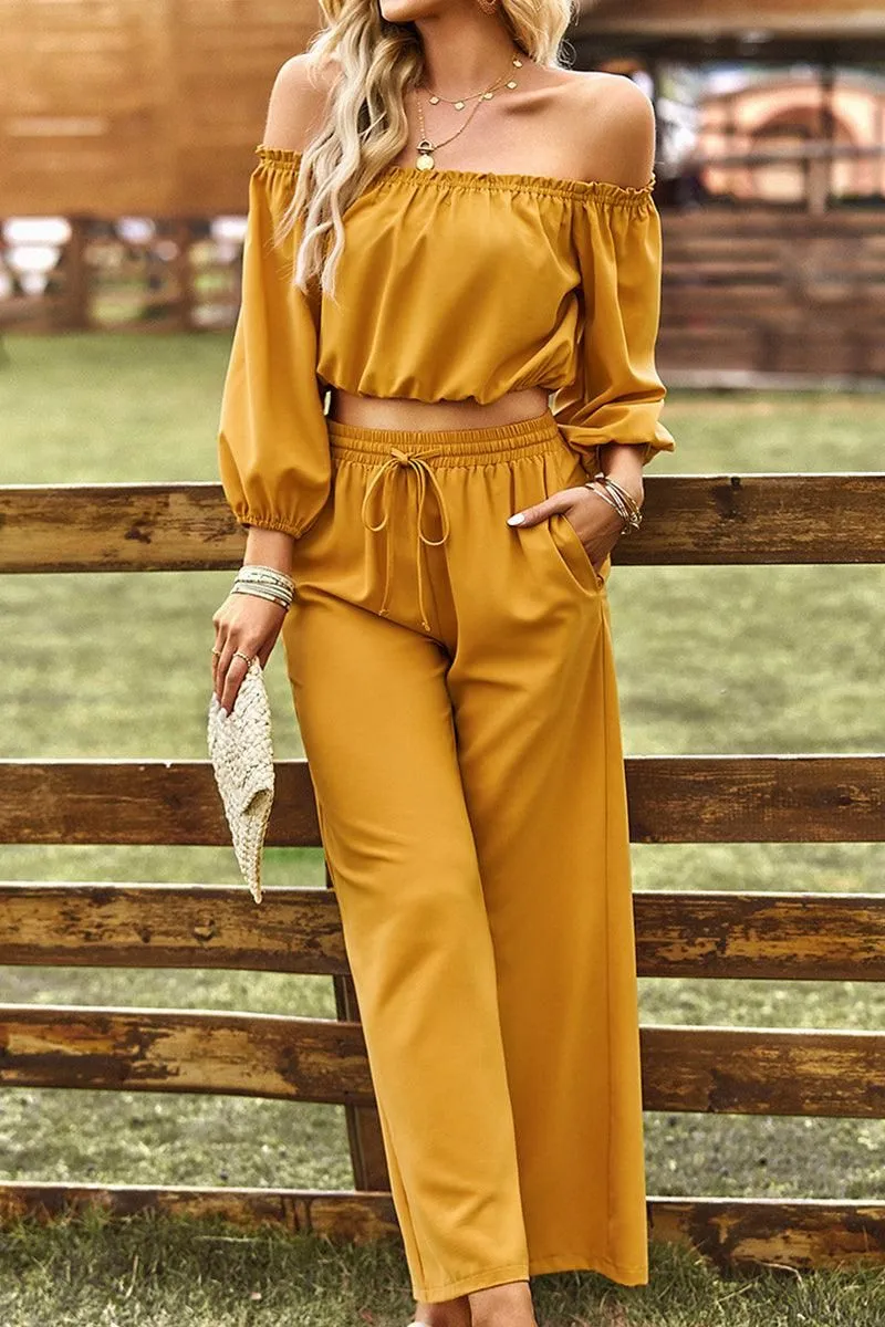 BALLON OFF SHOULDER CROP TOP AND WIDE PANTS SET