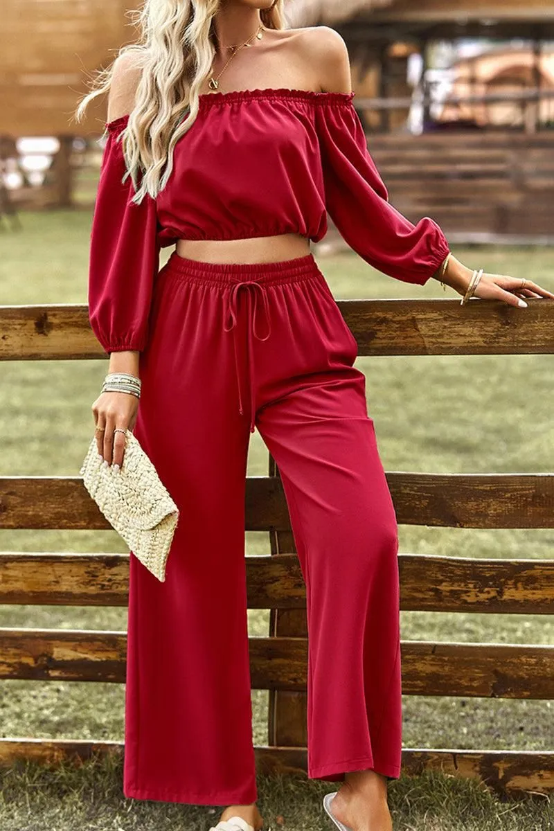 BALLON OFF SHOULDER CROP TOP AND WIDE PANTS SET