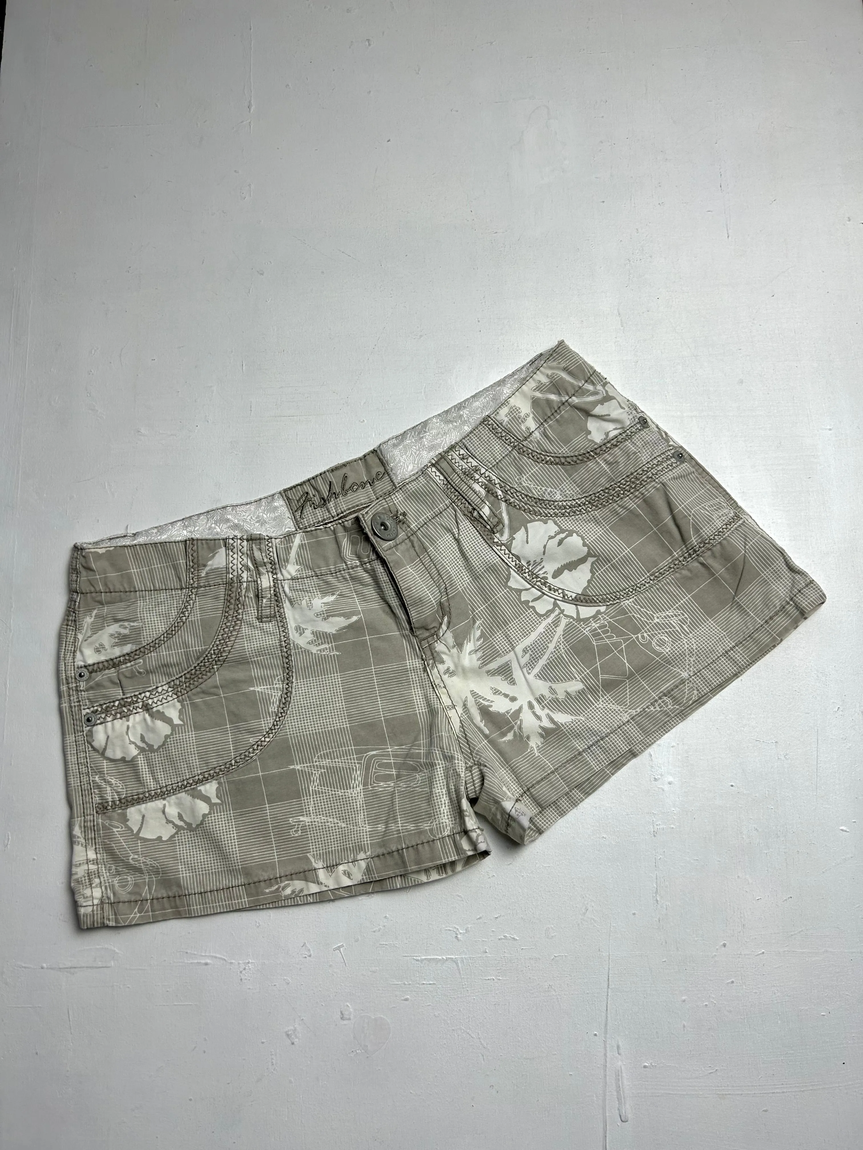 Beige cream check / floral print mini/micro cargo short (M/L)