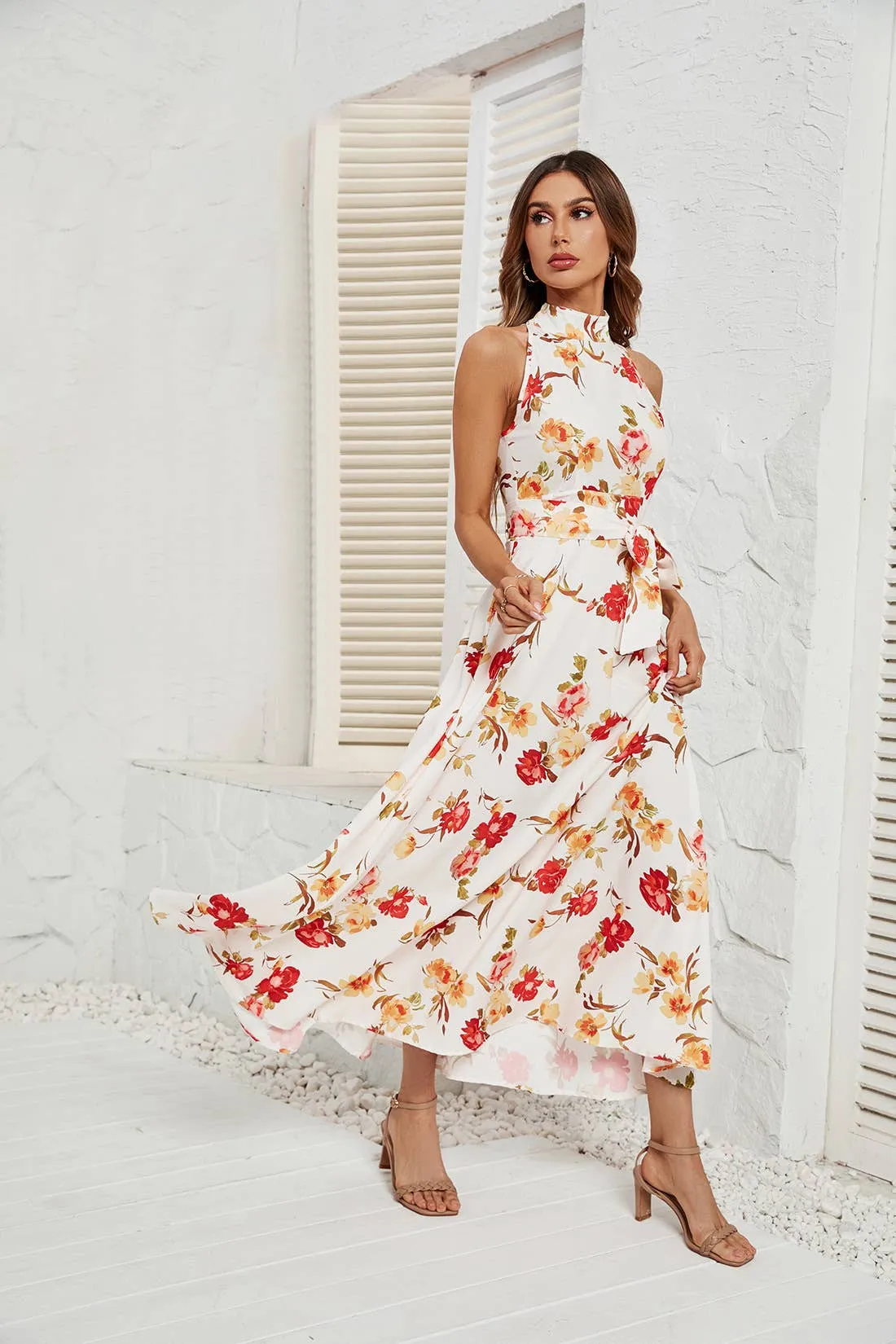 Belt-up dress with high neck and waist_CWDMD1823