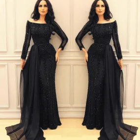 black evening dresses long sleeve beaded chiffon luxury evening gowns with detachable skirt