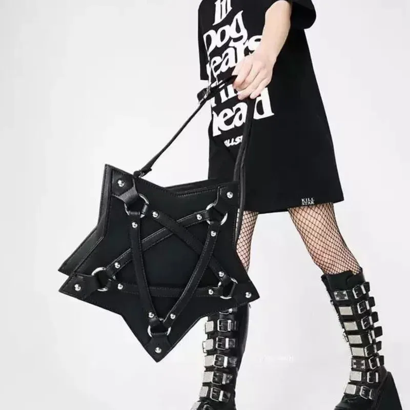 Black Gothic Pentagram Unisex Punk Designer Casual Retro Fashion Leather Bag