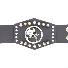 Black Leather Stainless Steel Skull And Crossbones Studded Bracelet / LBJ12414