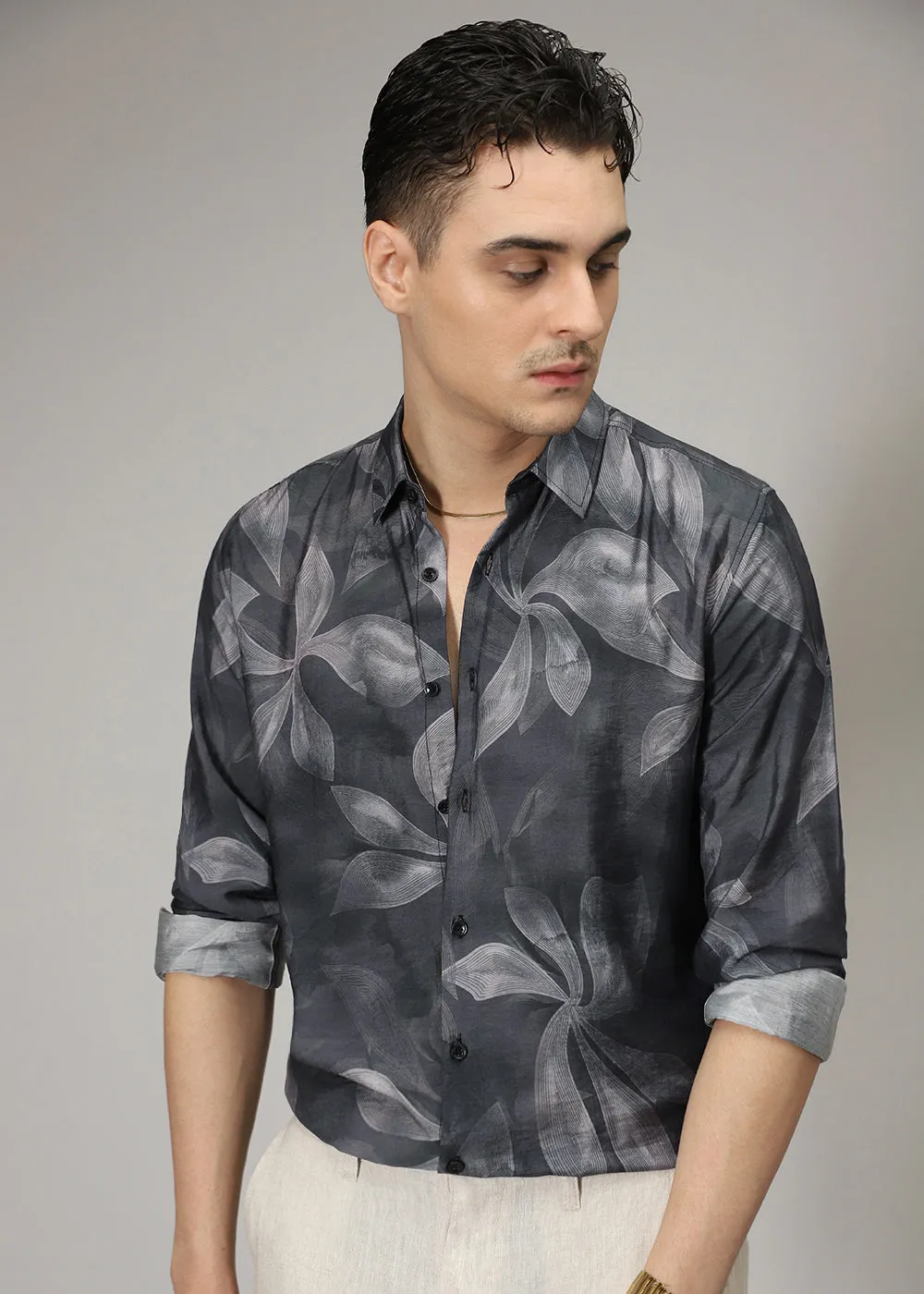 Black Line Floral Print Shirt