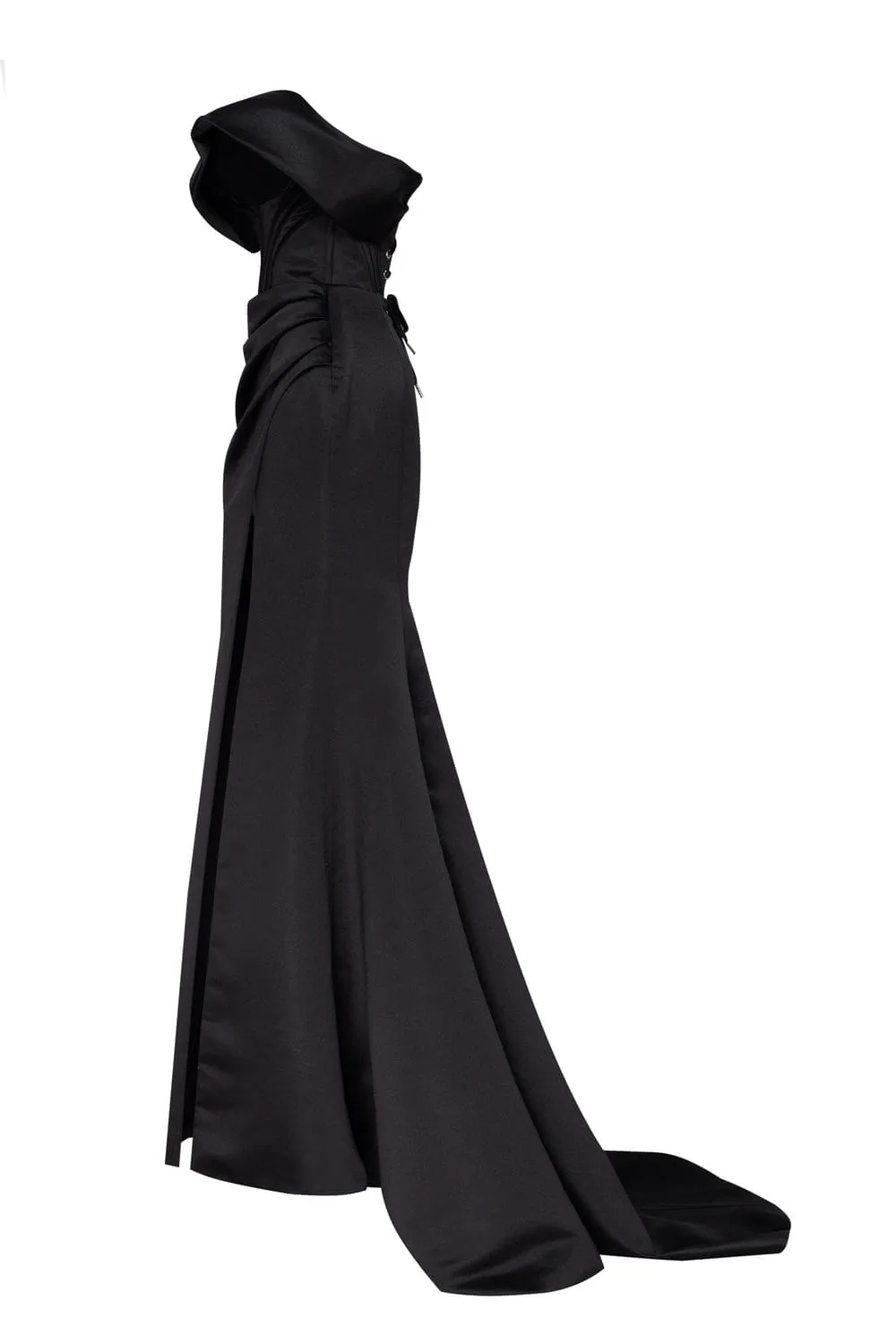 Black Princess strapless gown with thigh slit