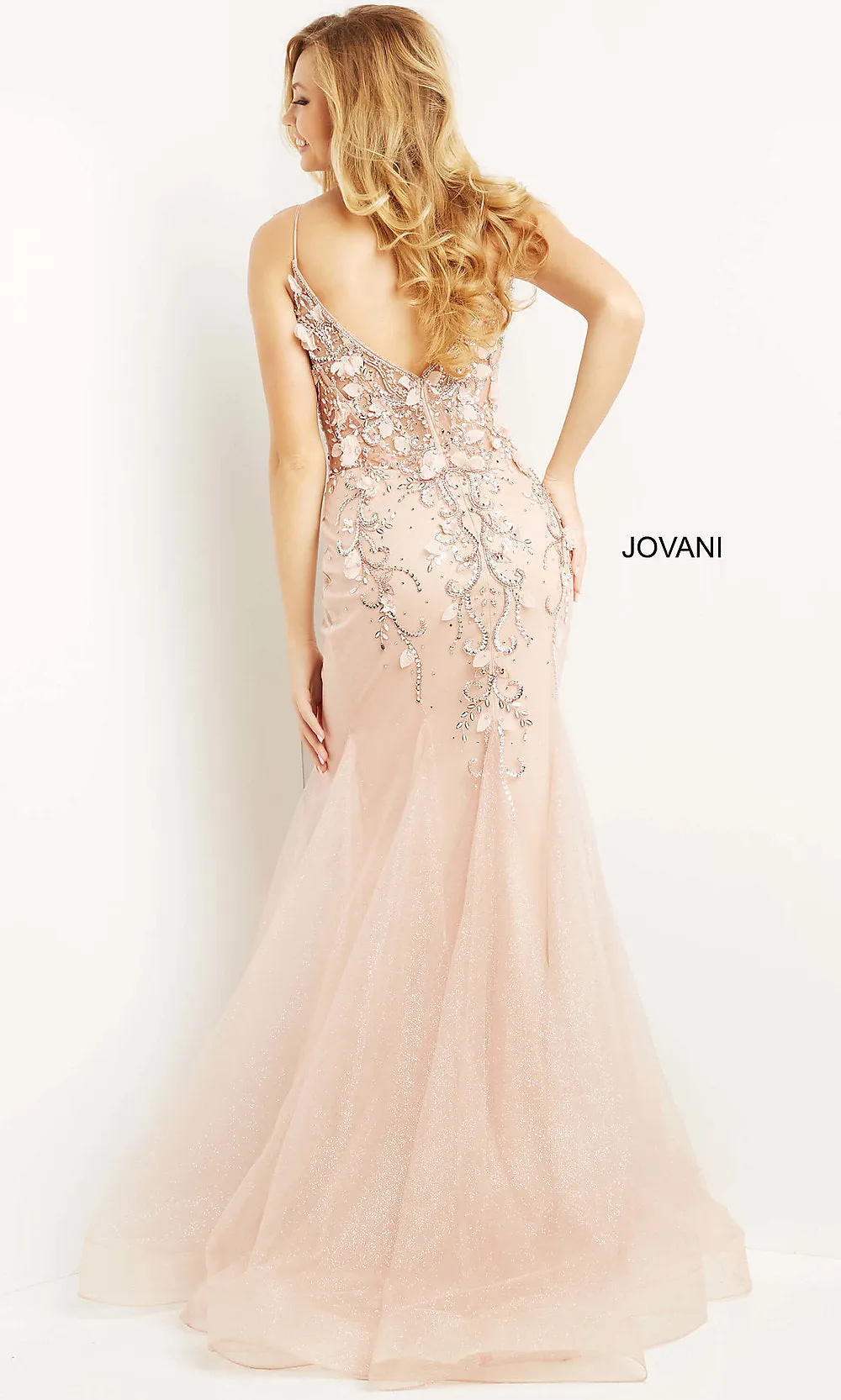 Blush Pink Sheer-Bodice Mermaid Jovani Prom Dress