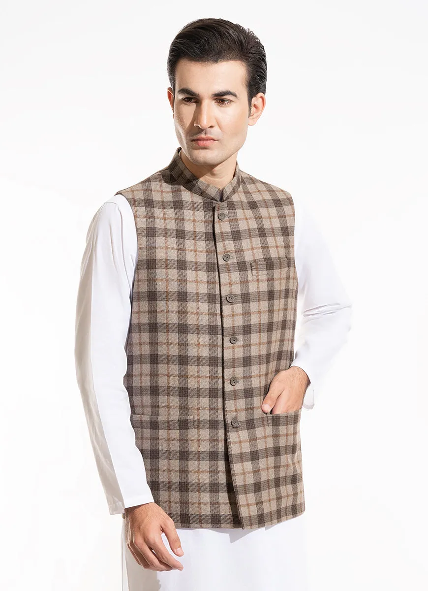 Broad Checks-Tan Brown, Wool Rich, Worsted Tweed, Classic Waist Coat