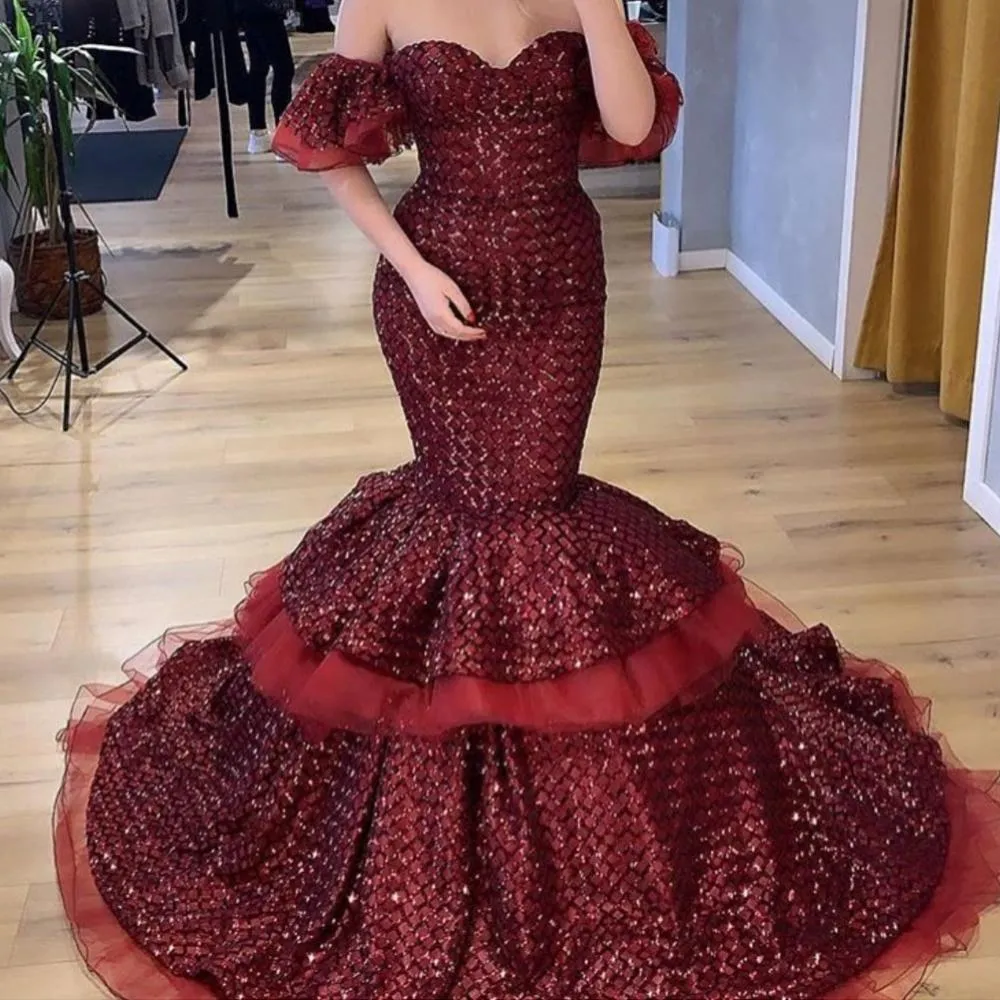 Burgundy evening dresses long 2020 off the shoulder sparkly mermaid luxury evening gown vestido de longo 2021