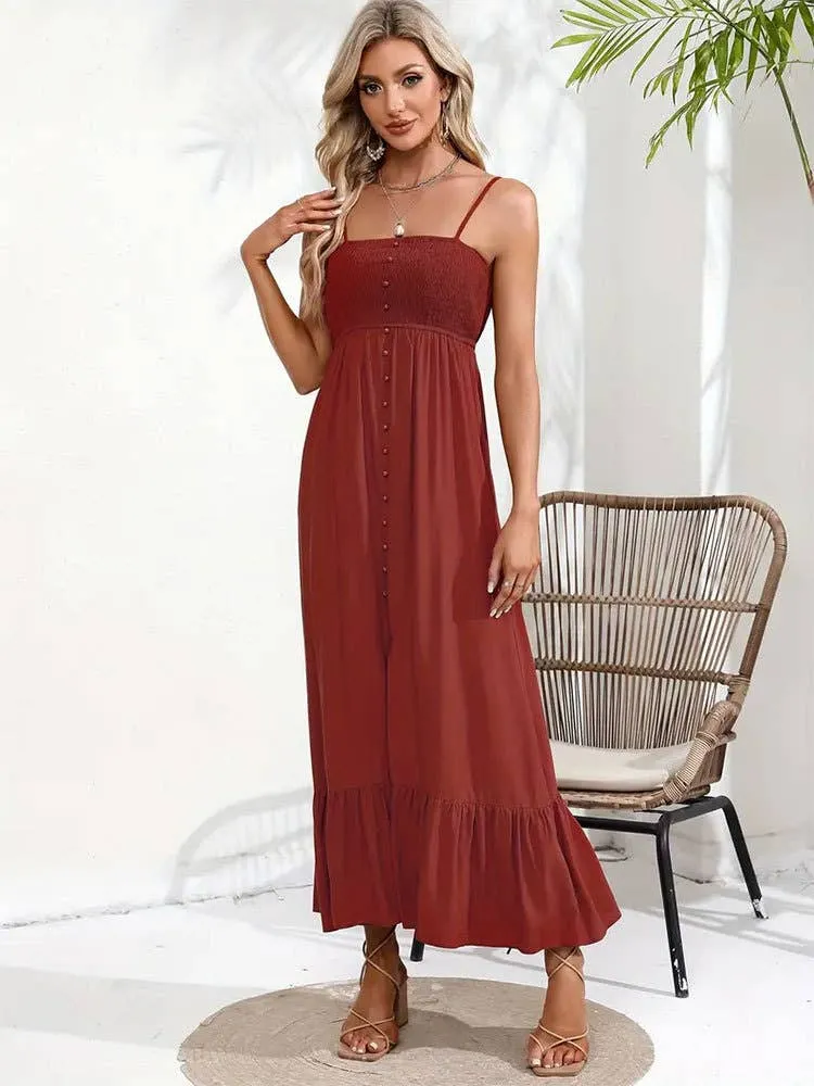 BUTTONS ADORN A SLIT HALTER DRESS_CWDMD1719