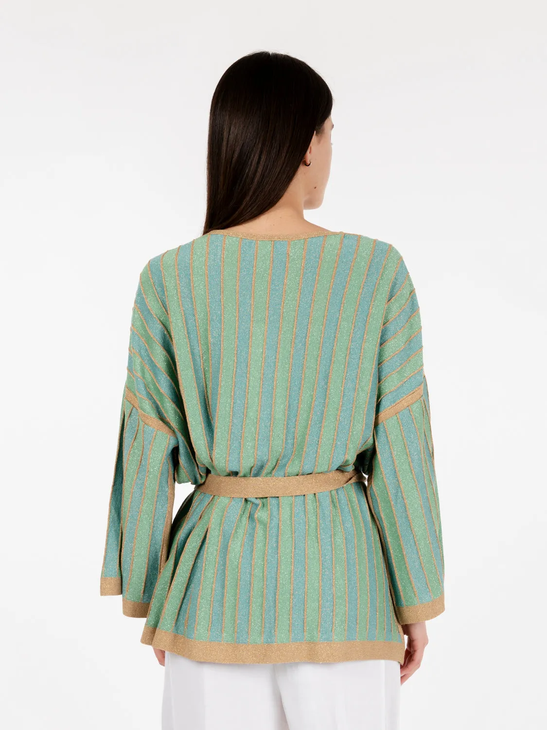 Cardigan aperto lurex teal / mint / tan gold