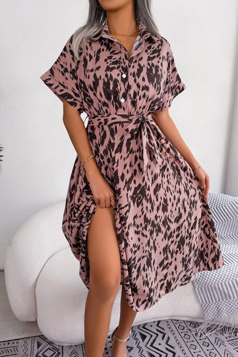 CASUAL LOOSE LEOPARD PRINT LACE UP SHIRT DRESS_CWDSD2530