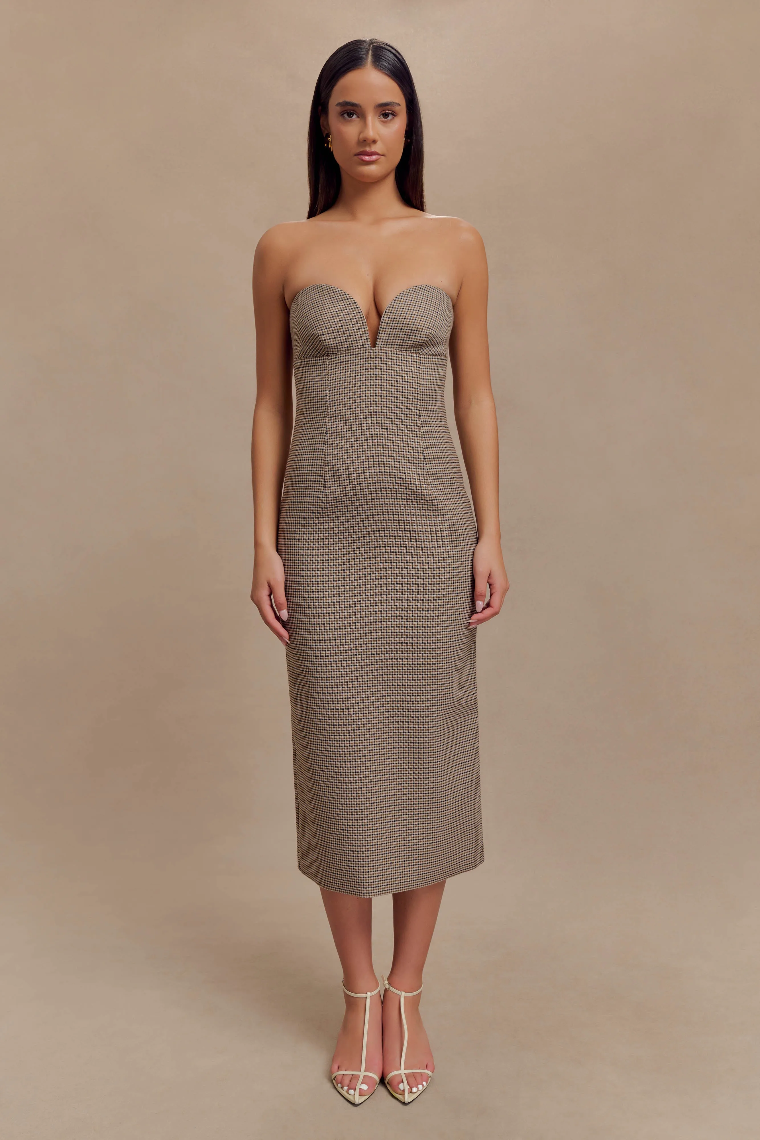 Christie Strapless Midi Dress - Tan Check