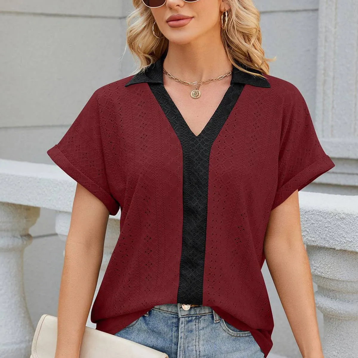 COLLARED SHORT SLEEVE CASUAL T-SHIRT BLOUSE_CWTBLS0515