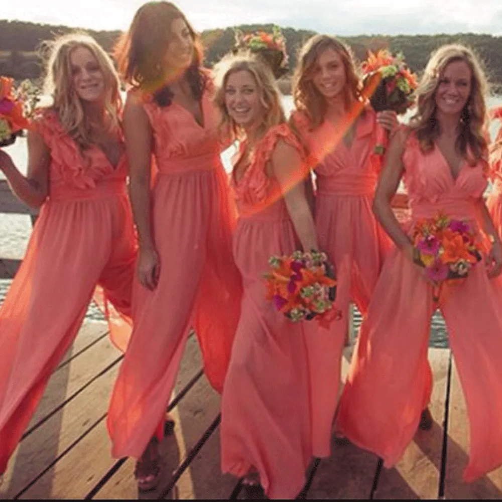 coral jumpsuits for weddings chiffon cheap a line pants for women wedding party dresses 2020