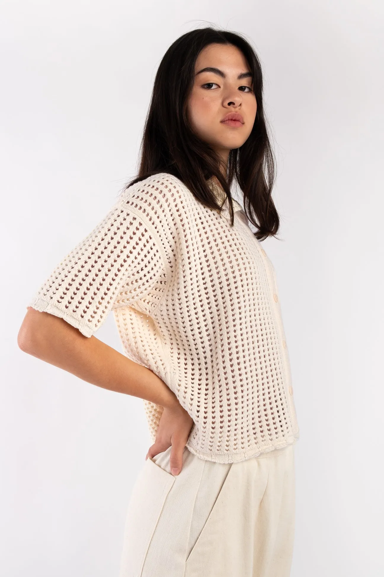 Cream Open Knit Polo